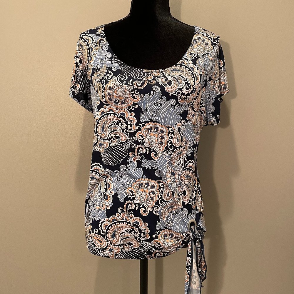 Emi & Joe Womens Sht Sl Single Knot Tie Paisley Print Top  sz M  NWOT